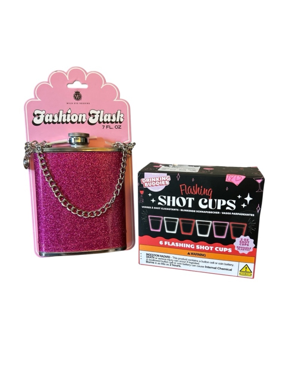 Fashion Flask Pink Glitter Flask with Chain and a Set of 6 Flashing Shot Cups